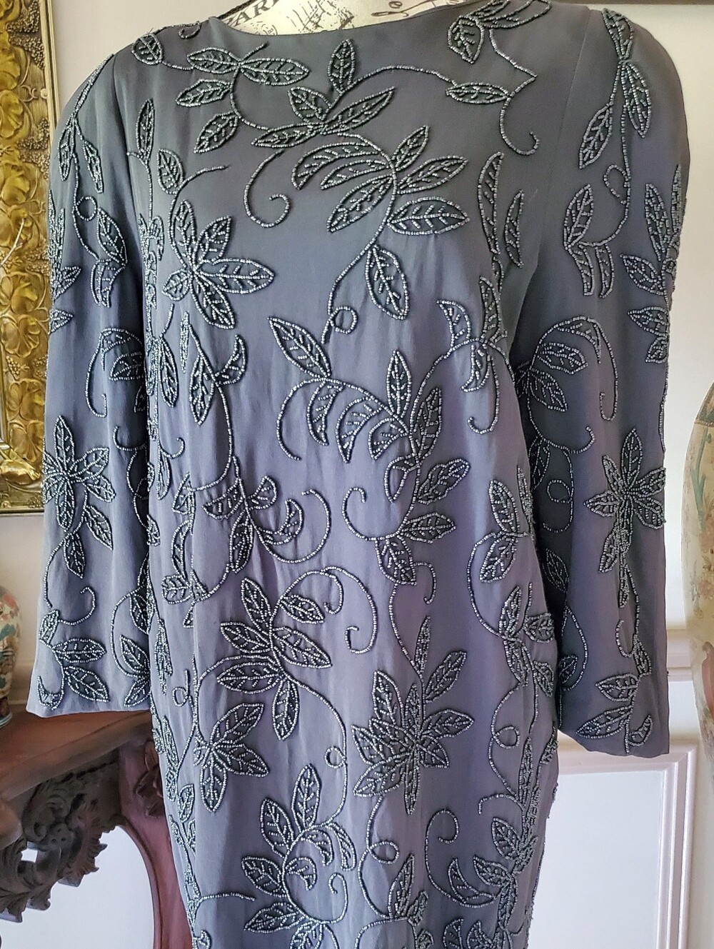 Vintage Carmen Marc Valvo Beaded Silk Formal Sheath Cocktail Dress Gray